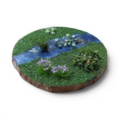 miniature nature scene on a woodslice
